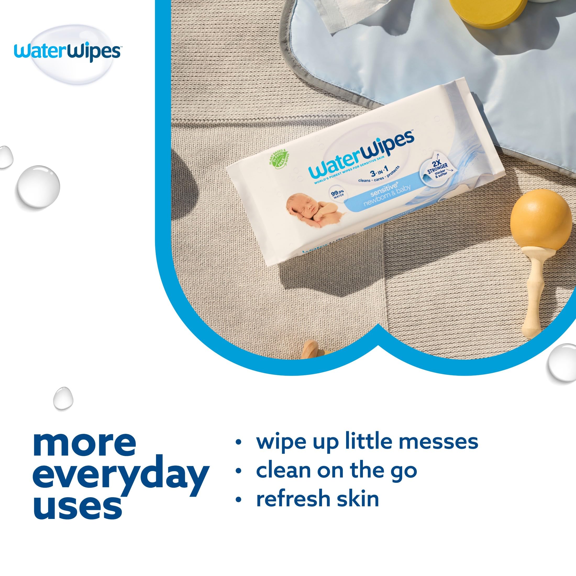 WaterWipes Sensitive+ Newborn & Baby Wipes, 3-In-1 Cleans, Cares, Protects, 99.9% Water, Unscented & Hypoallergenic, 1080 Count (18 Packs)