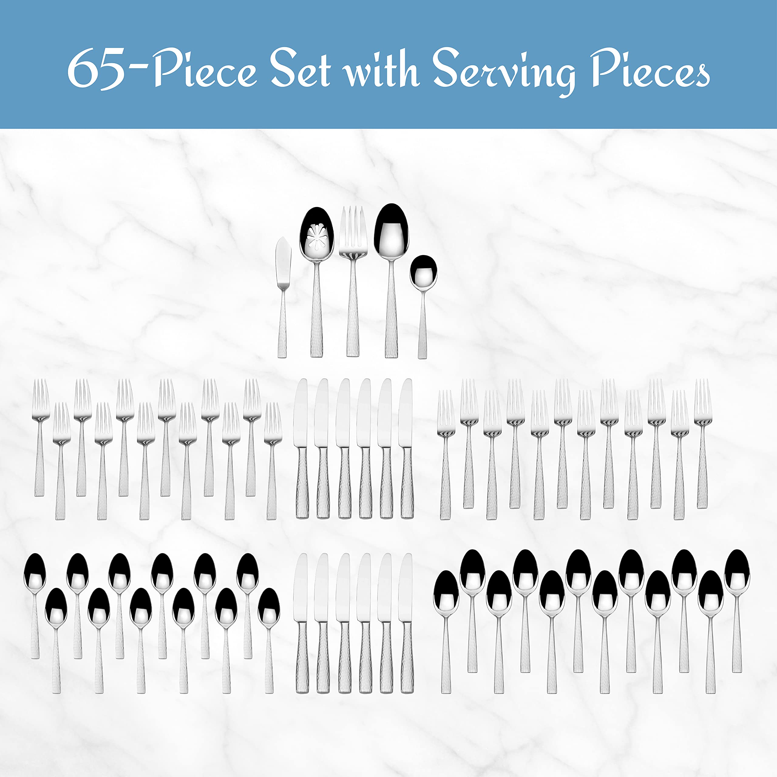 Mikasa Oliver Mirror 18/10 Stainless Steel Flatware Set for 12, 65-Piece Silverware Set with Serving Utensils, Dishwasher Safe Cutlery Set
