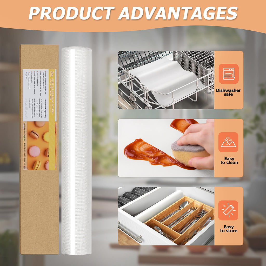MMmat Silicone Baking Mat Roll, Non-Stick Heat Resistant Food Grade Baking Mats, Non-Slip Reusable Air Fryer Linner, Freeze Dryer Mat, Counter Mat, Oven Liner, Refrigerator Liners - 16IN x 10FT
