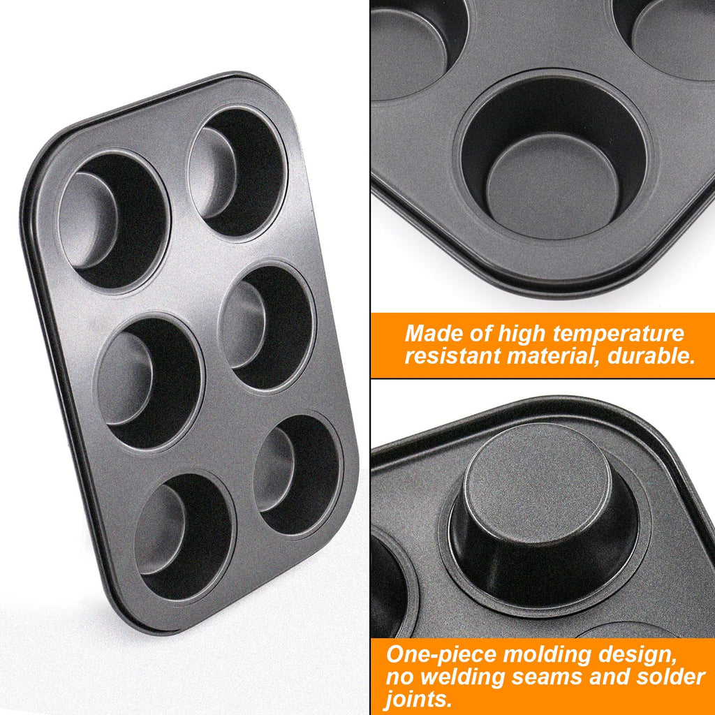 DRAONGYE 2 Packs Round Muffin Baking Pan, Premium Steel Muffin Pan for Baking, Cupcake Tin Cheesecake Pans, Bakeware Muffin Top Pan (6 Cups,Black)