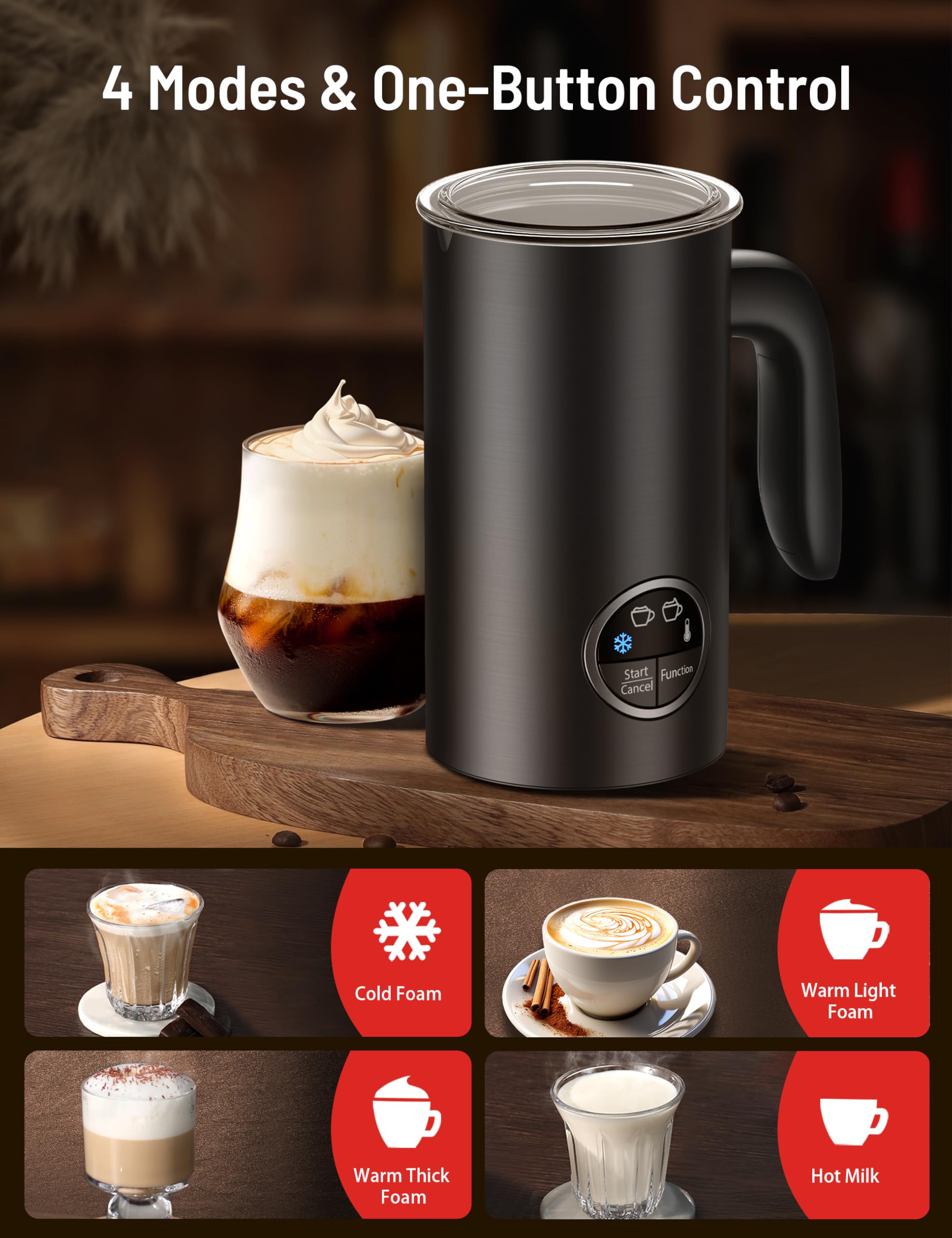 Milk Frother, Airyoyo 4-in-1 Milk Frother with Stand, Electric Milk Frother and Steamer Hot& Cold Foam Temperature Control, Auto Shut-Off Frother for Coffee Latte
