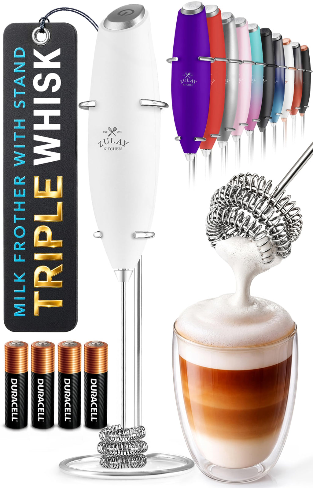 Zulay Kitchen Powerful Milk Frother Wand With Duracell Batteries - Ultra Fast Handheld Drink Mixer - Electric Whisk Foam Maker for Coffee, Lattes, Cappuccino & Matcha - Z1 Motor - Aqua