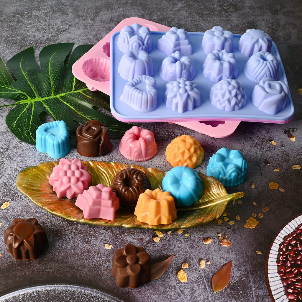 Sakolla 3 Pack Flower Molds Silicone, 12 Cavities Different Shapes Silicone Molds for Chocolate, Cupcake, Candy, Jelly, Ice Cube, Muffin (Pink, Purple, Blue)