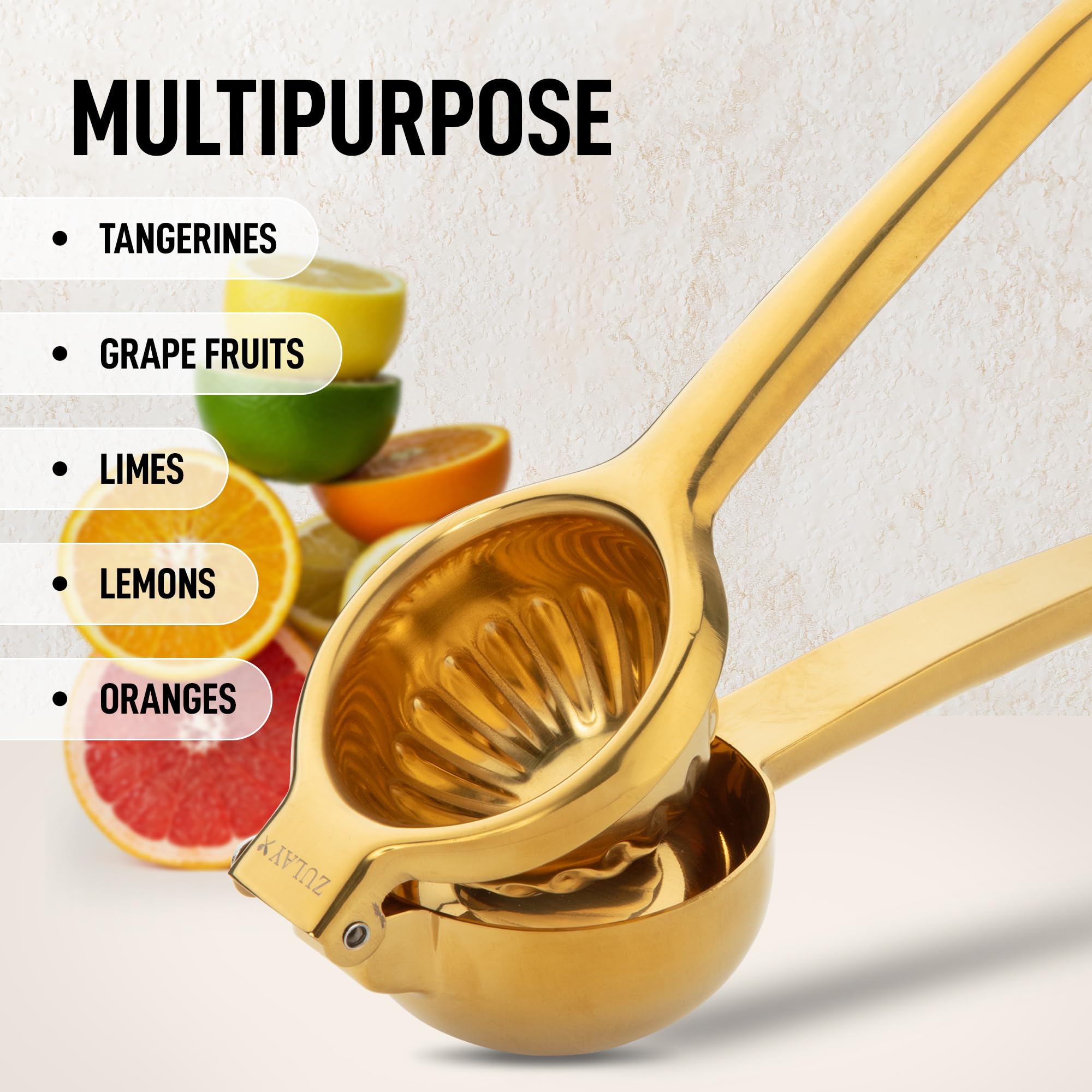 Zulay Kitchen Extra Large Lemon Squeezer Stainless Steel - Easy Squeeze Heavy Duty Lemon Juicer Hand Press - Ergonomic Citrus Squeezer & Fruit Juicer for Small Oranges, Lemons, & Limes - Gold