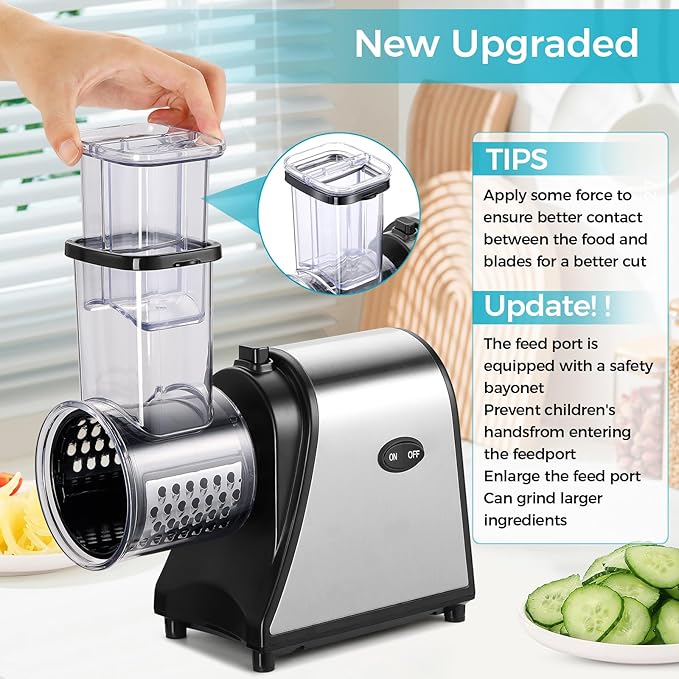Electric Cheese Grater, 250W Electric Slicer Shredder, One-Touch Control Electric Salad Machine for Cheese, Fruits, Vegetables, Salad Maker with 5 Different Shapes of Blades, 2025 Upgrade