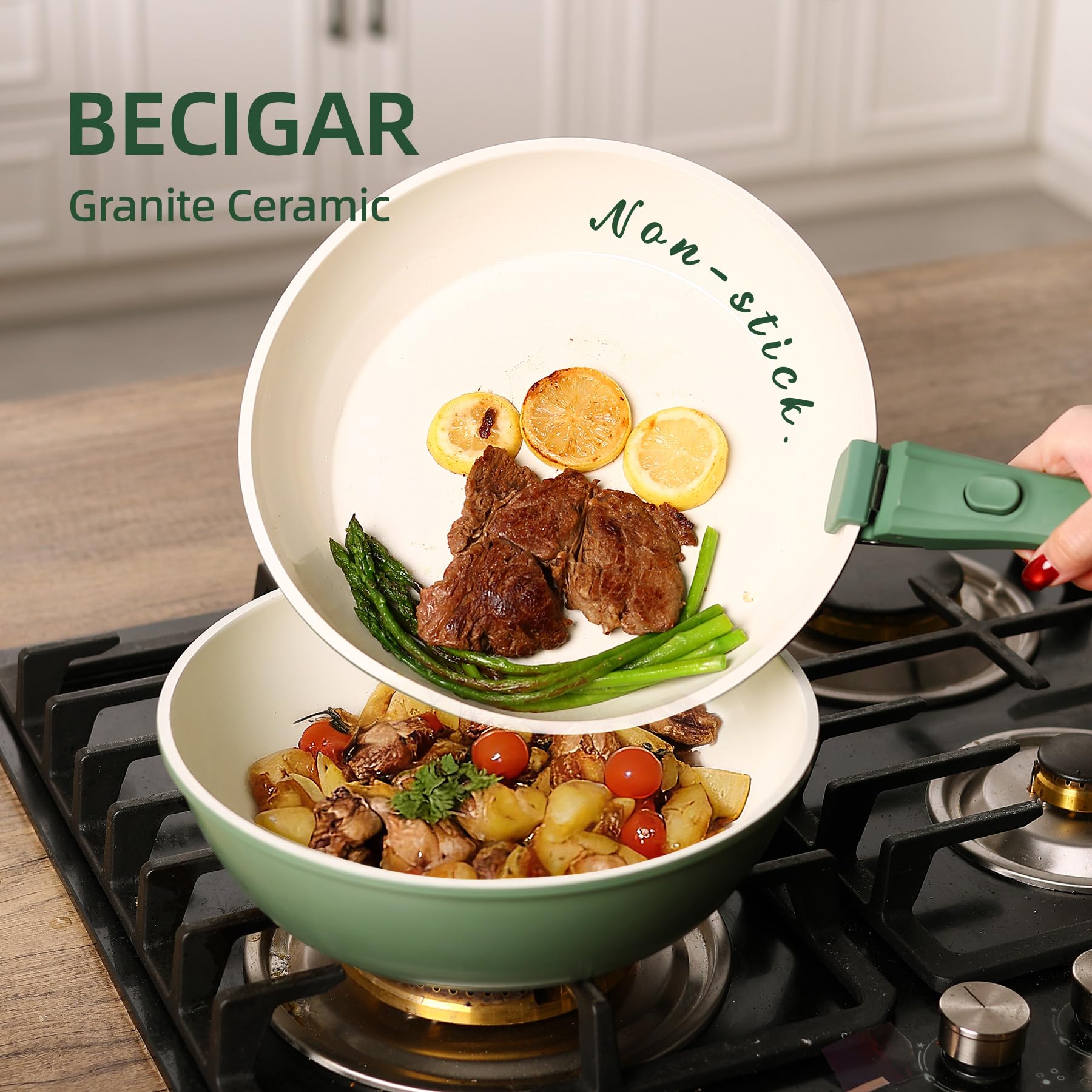BECIGAR 23pcs Ceramic Pots and Pans Set, Nonstick Detachable Handle Cookware, Induction Kitchen Cooking Set with Removable Handle,include Frying Pans & Saucepans Oven Safe(Green)