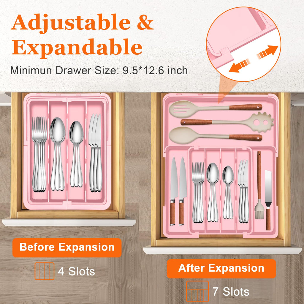 Spaclear Silverware Organizer - Expandable Silverware Drawer Organizer, Adjustable Drawer Organizer, Silverware Tray for Drawer 15.2"x 19" Utensil Drawer Organizer, Kitchen Organizers Storage, Pink