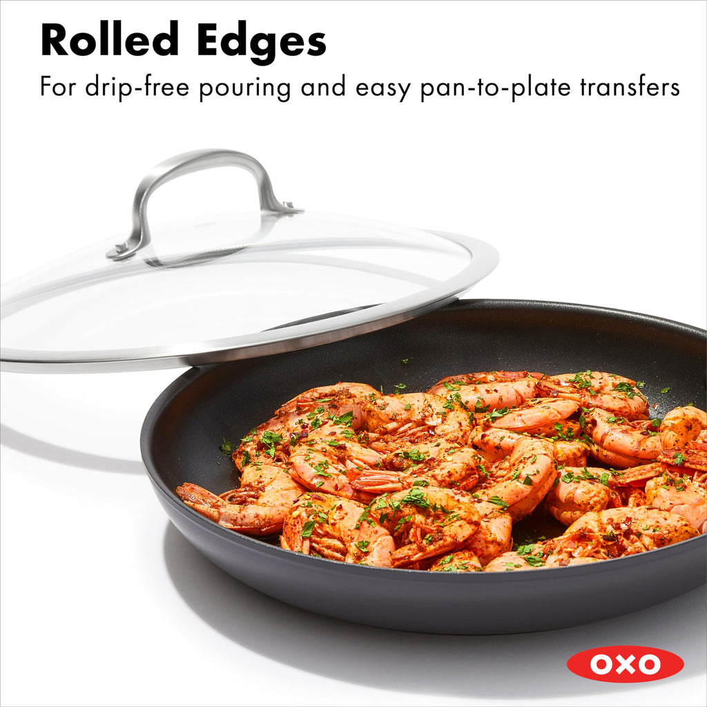 OXO Enhanced 12” Nonstick Frying Pan Skillet with Lid, Ceramic PFAS-Free Cookware, Durable Hard Anodized, Scratch Resistant, Stainless Steel Handle, Eggs & Omelets, Dishwasher & Oven Safe, Black