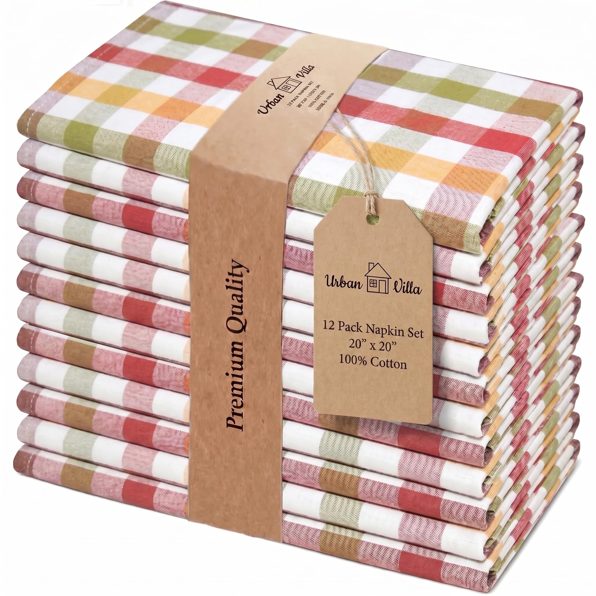 Urban Villa Cloth Napkins 100% Cotton Dinner Napkins Set of 12(20"x20") Highly Absorbent Washable Durable Reusable Napkins Ideal for Thanks Giving Lunch Restaurant Farmhouse Parties - Harvest Checks