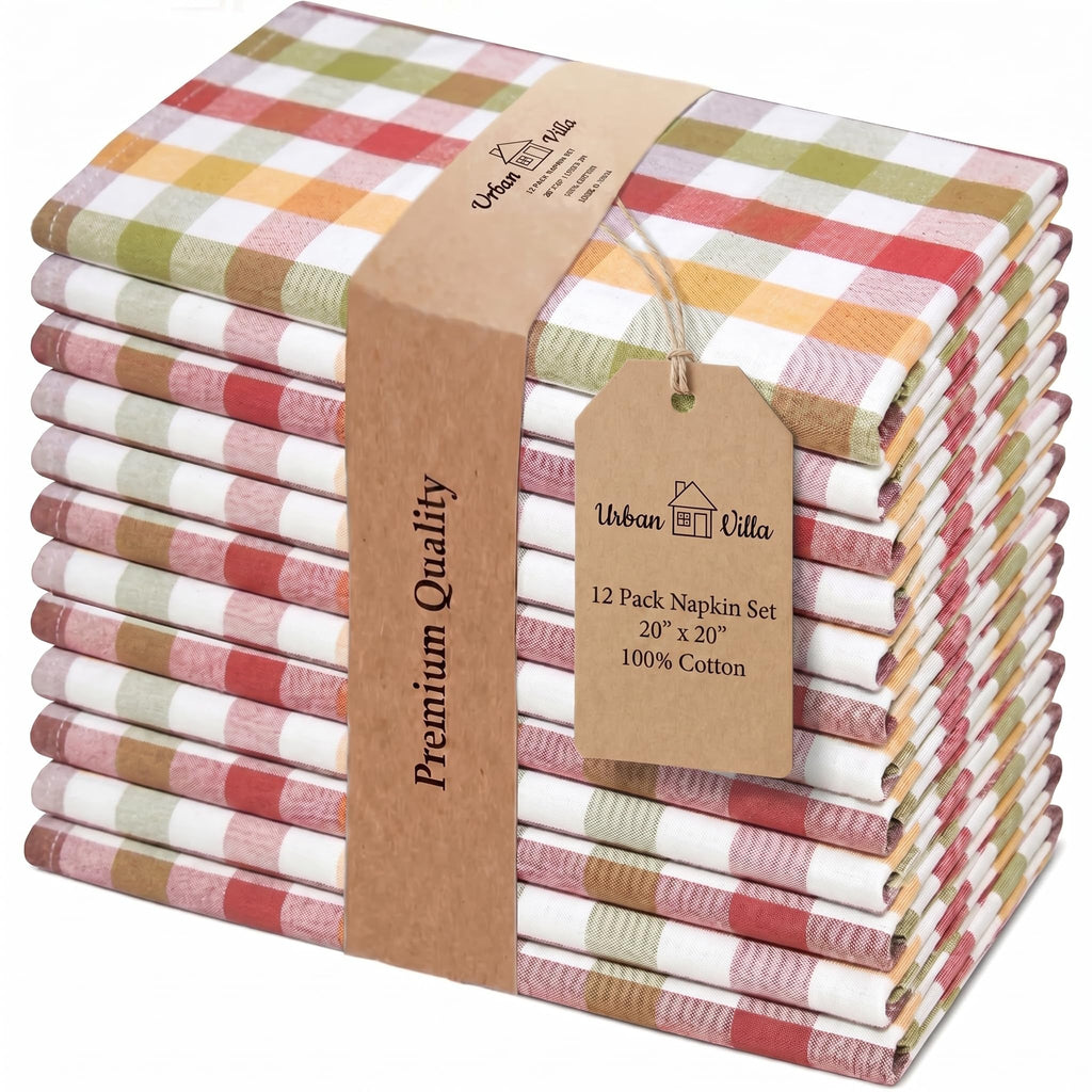 Urban Villa Cloth Napkins 100% Cotton Dinner Napkins Set of 12(20"x20") Highly Absorbent Washable Durable Reusable Napkins Ideal for Thanks Giving Lunch Restaurant Farmhouse Parties - Harvest Checks