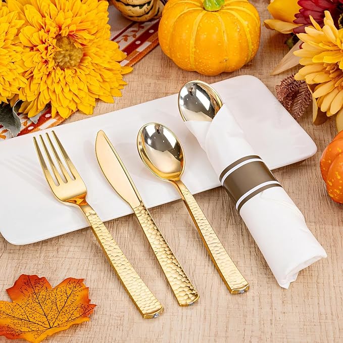 WELLIFE 100 Pack Gold Plastic Silverware, Pre Rolled Silverware Set Disposable,Plastic Cutlery Includes: 100 Forks, 100 Knives, 100 Spoons, 100 Napkins, Cutlery Set Disposable for Party