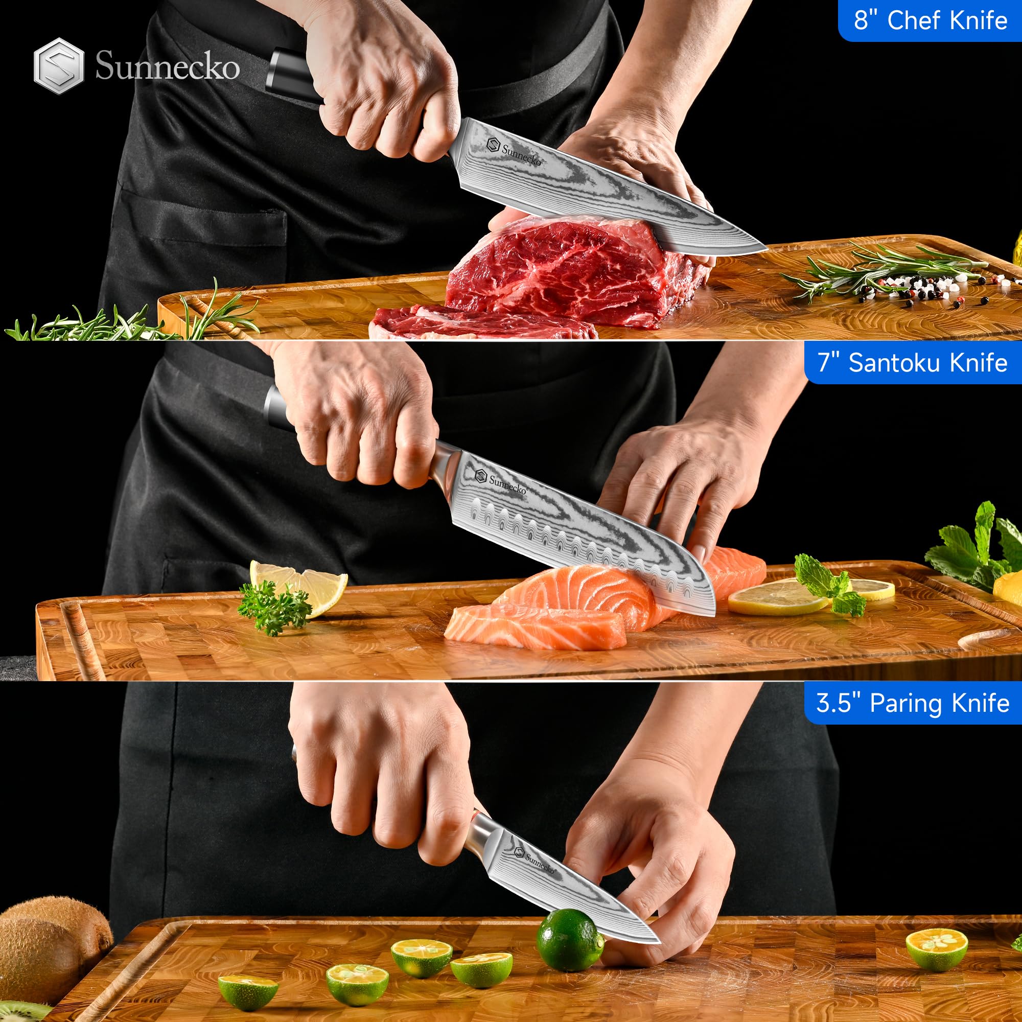 Sunnecko Damascus Knives Set,Japanese VG10 Core Steel Damascus 3PCS Chef Knife Set,Professional Razor Sharp Kitchen Knives Set with Knife Sharpner