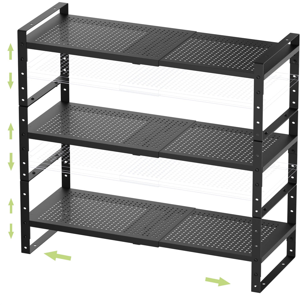 Jojocross Expandable Stackable Aadjustable Shoe Rack Pantry Shelf for Kitchen Cabinets Counter Shelves Countertop Cupboard Storage Solution,Sturdy Heavy-Duty Metal Construction(2Packs/Black/Medium)