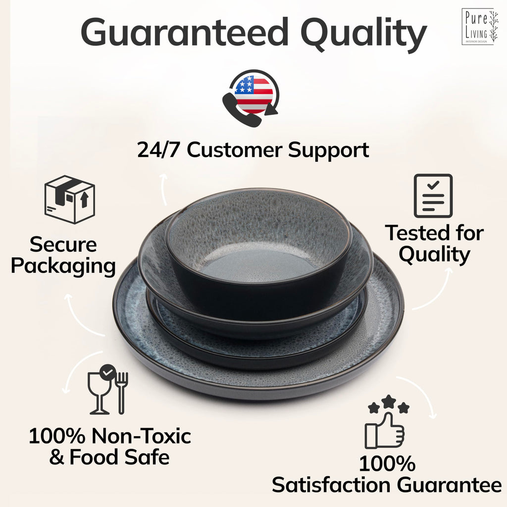 16 Piece Stoneware Dinnerware Set for 4 - Handmade Reactive Glaze Plates and Bowls Set - Chip & Scratch Resistant Dish Set - Dishwasher Microwave Safe - Dark Gray
