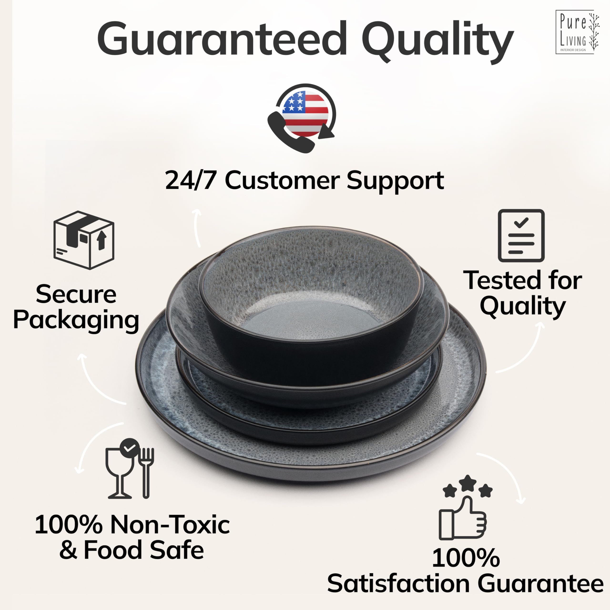32 Piece Stoneware Dinnerware Set for 8 - Handmade Reactive Glaze Plates and Bowls Set - Chip & Scratch Resistant Dish Set - Dishwasher Microwave Safe - Dark Gray