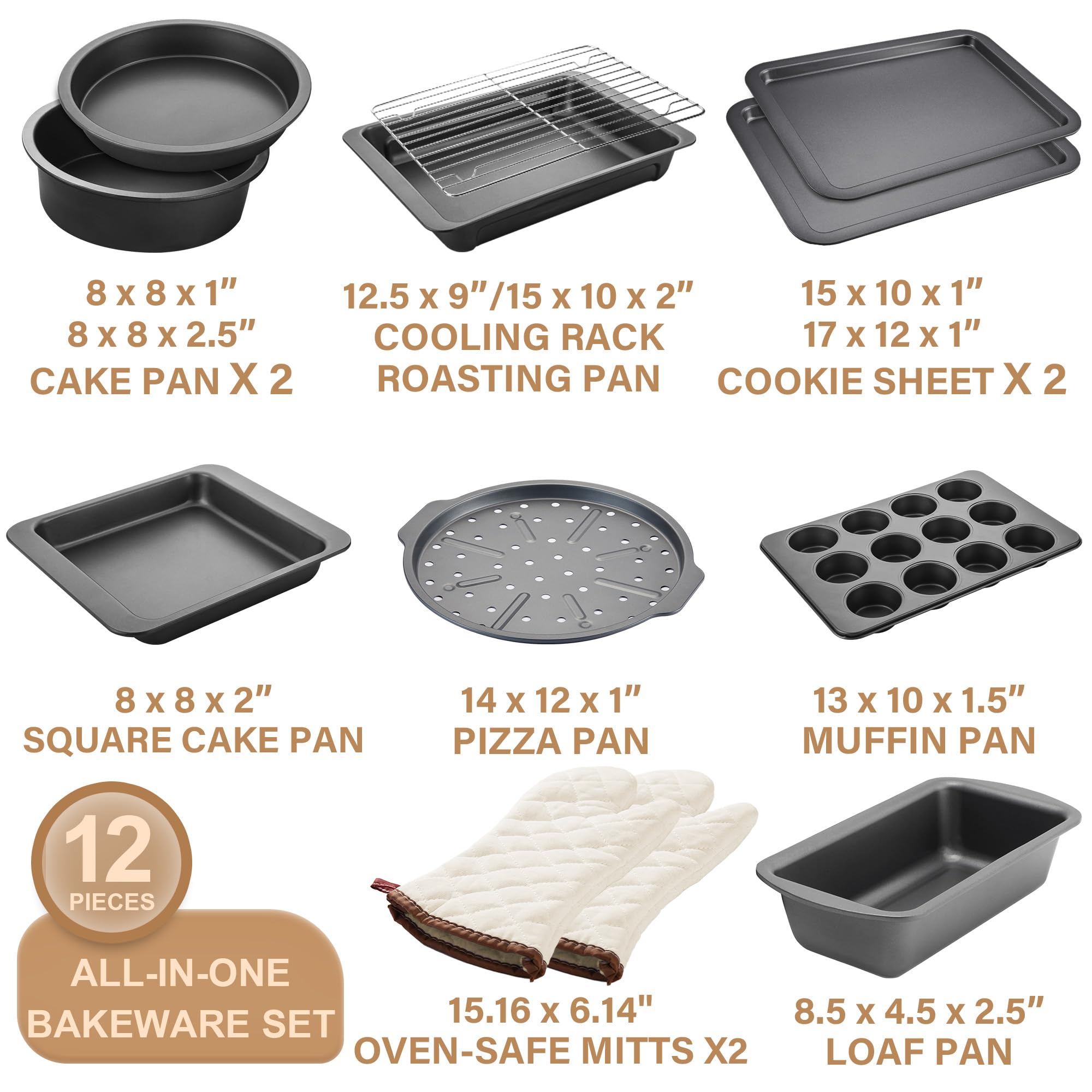 HONGBAKE Bakeware Sets, Baking Pans Set with Kitchen Oven Mitts, Nonstick Oven Pan for Kitchen with Wider Grips, 12-Piece Including Rack, Cookie Sheet, Cake Pans, Loaf Pan, Muffin Pizza Pan