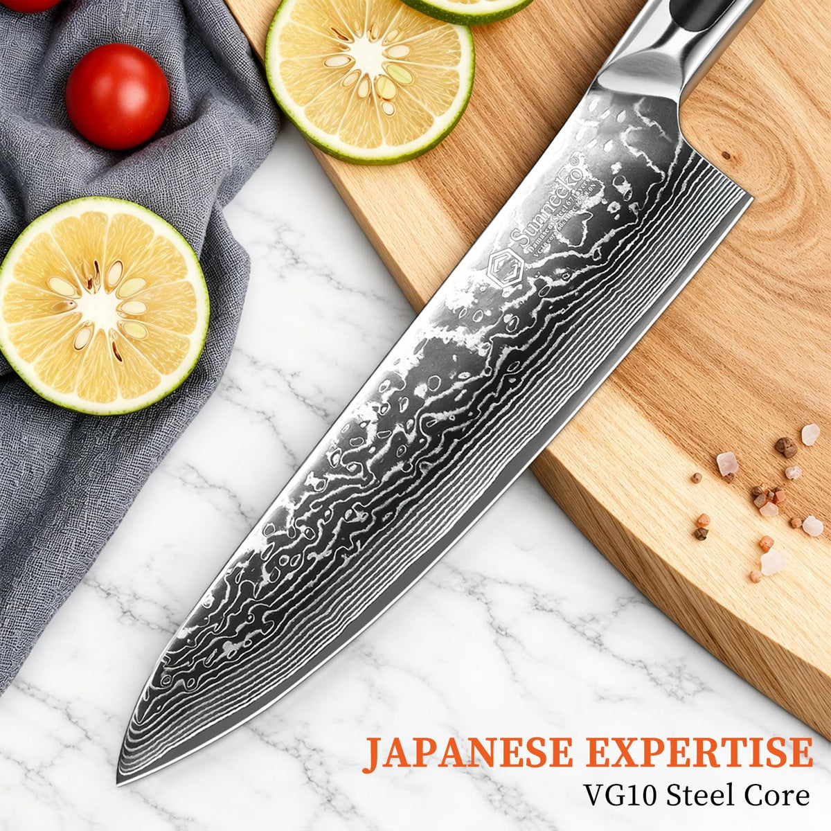 Sunnecko 8 Inch Japanese Damascus Chef Knife - Ultra Sharp VG10 Steel