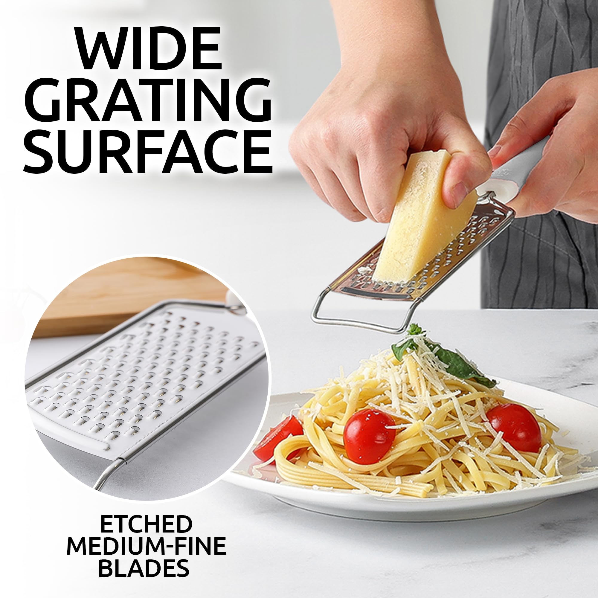 Zulay Kitchen Professional Cheese Grater Stainless Steel - Durable Rust-Proof Metal Lemon Zester Grater With Handle - Flat Handheld Grater For Cheese, Chocolate, Spices, And More - White