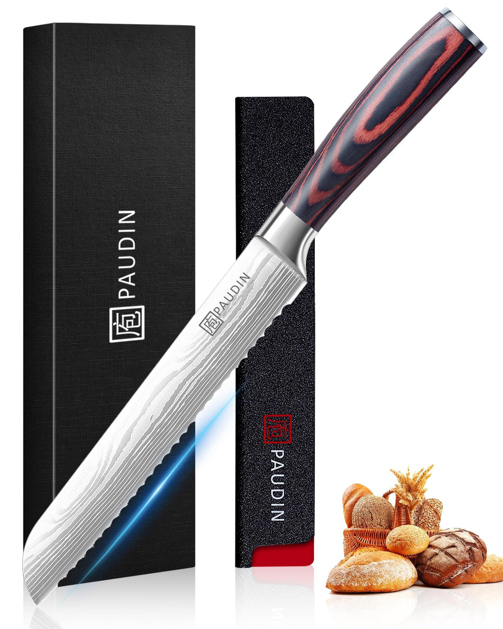 PAUDIN Bread Knife, 10 inch Serrated Knife, German Stainless Steel Bread Knife for Homemade Bread, Razor Sharp Edge for Efficient Slicing Sourdough Bread, Bagels, Cake