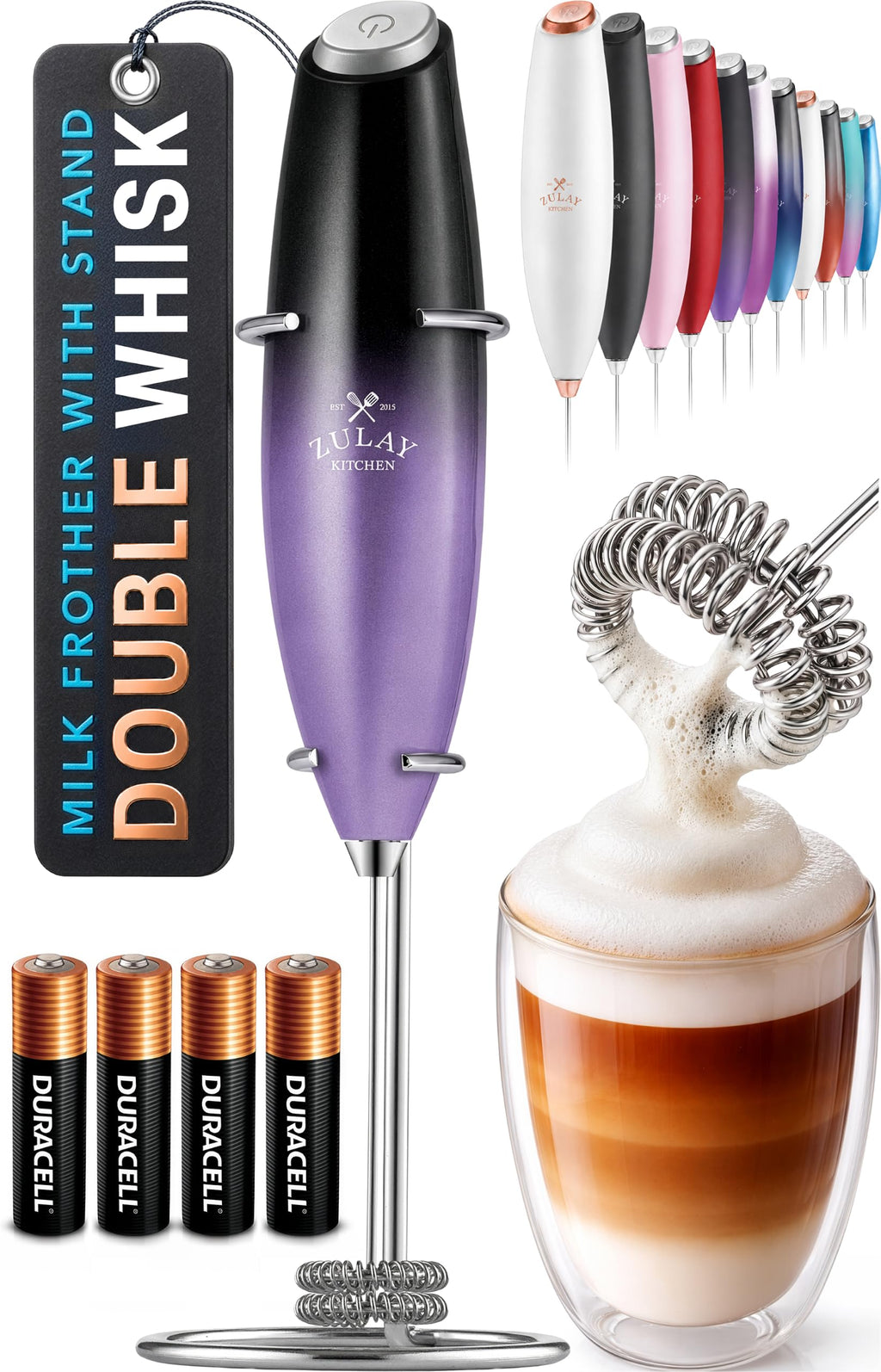 Zulay Kitchen Powerful Milk Frother Wand With Duracell Batteries - Ultra Fast Handheld Drink Mixer - Electric Whisk Foam Maker for Coffee, Lattes, Cappuccino & Matcha - Z1 Motor - Aqua