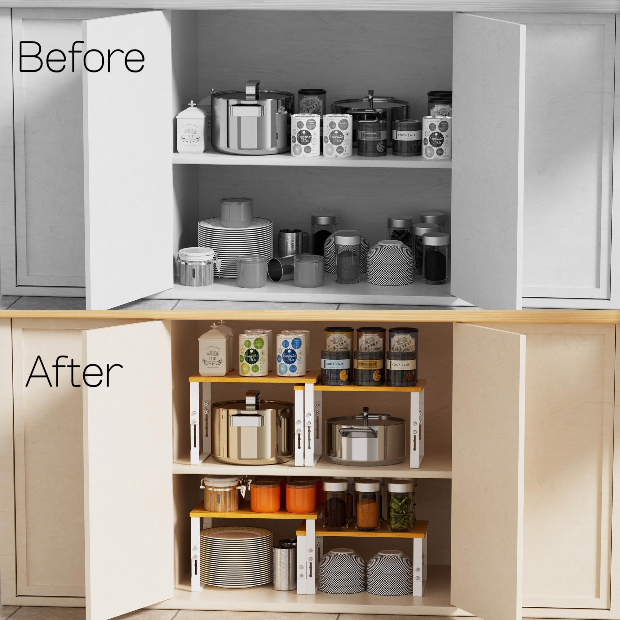 Adjustable Storage Shelves for Kitchen Cabinet Organization - Set of 2 Stackable Metal & Solid Wood Racks, Space-Saving Design for Countertop/Pantry/Garage, Easy Assembly(1 Pack/Medium/White)
