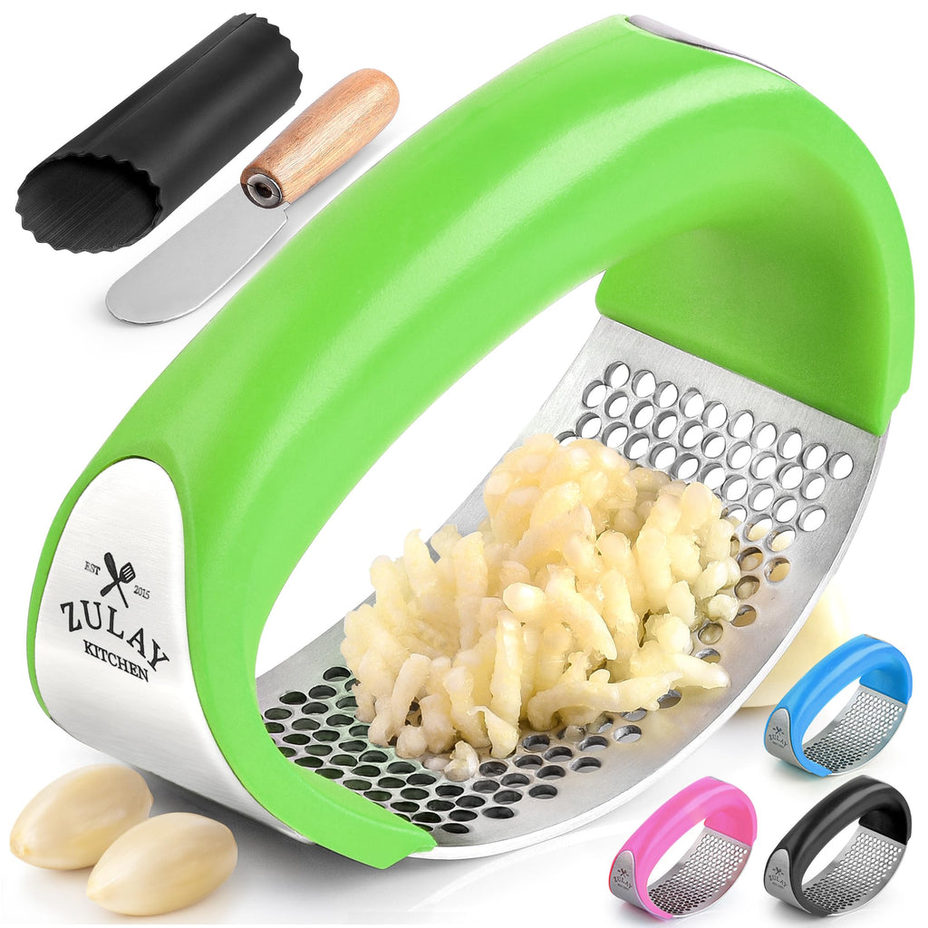 Zulay Kitchen Stainless Steel Garlic Press Rocker Set - Premium Garlic Mincer Garlic Crusher - New Innovative Garlic Crusher with Peeler and Scraper - Comfortable Grip (Red)