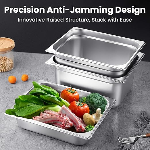 1/6 Hotel Pans 2.5 Inch Deep Stainless Steel Food Pan - Anti-Jam 6 Pack Steam Table Pan Set for Catering, Buffet Use, Kitchen Prep