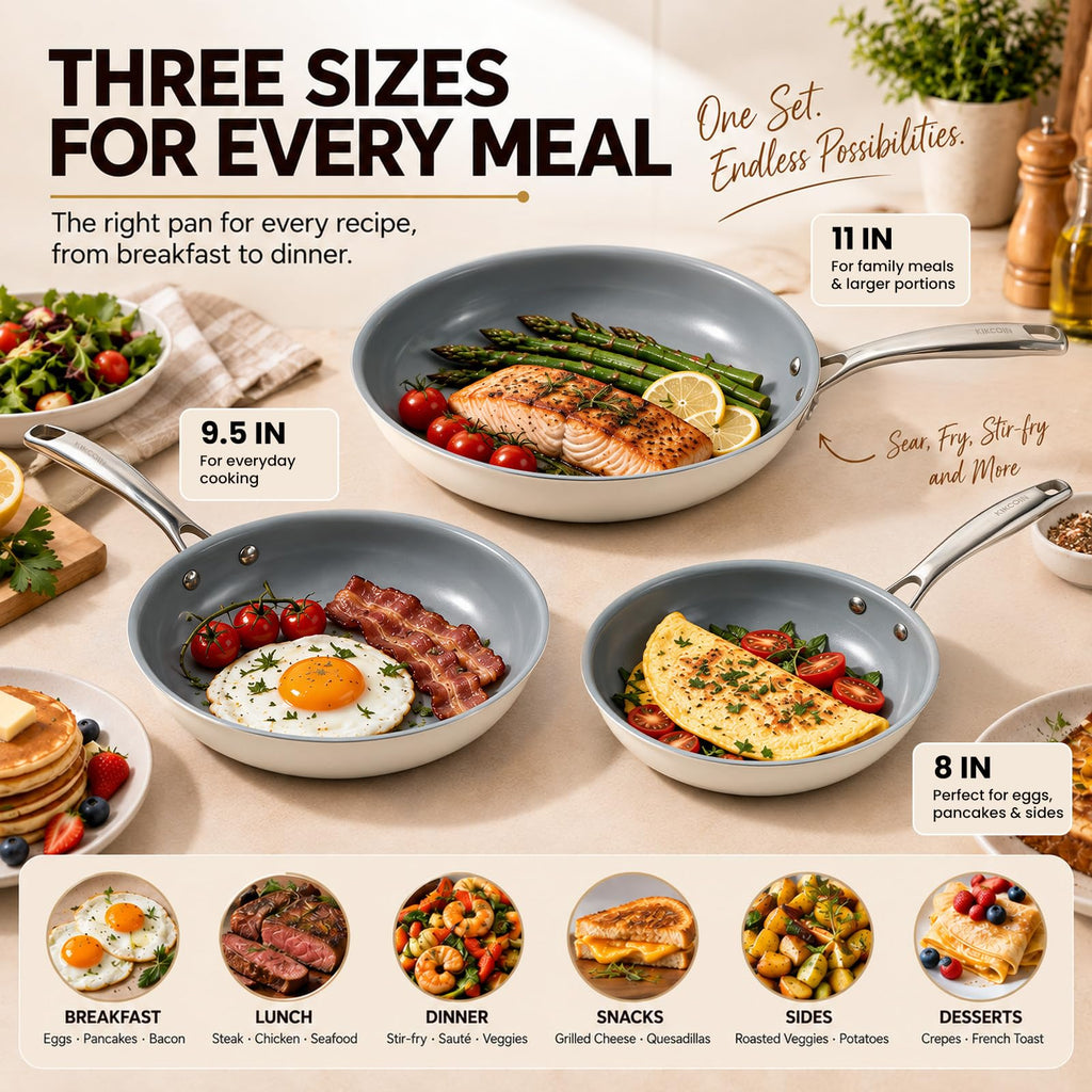 Kikcoin Ceramic Nonstick Frying Pans Set, 3 Piece Skillets (8"+9.5"+11")