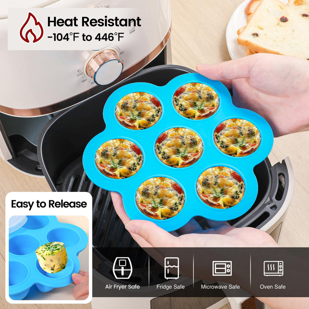 GOKCEN's Silicone Egg Bite Molds [2 Pack] Total 14 Cups Silicone Muffin Pans for Baking - Food Freezer Tray with Lid - Reusable Storage Container (Blue & Green - Egg Bite Mold)