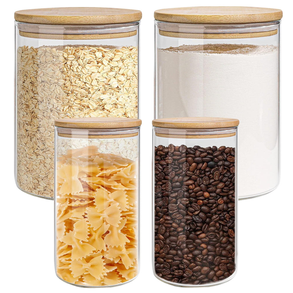 EQEY Glass Coffee Canister Set with Shelf & Spoons - 3 Piece Airtight Seal Coffee Bean Storage Containers & Filter Holder for Kitchen Organization