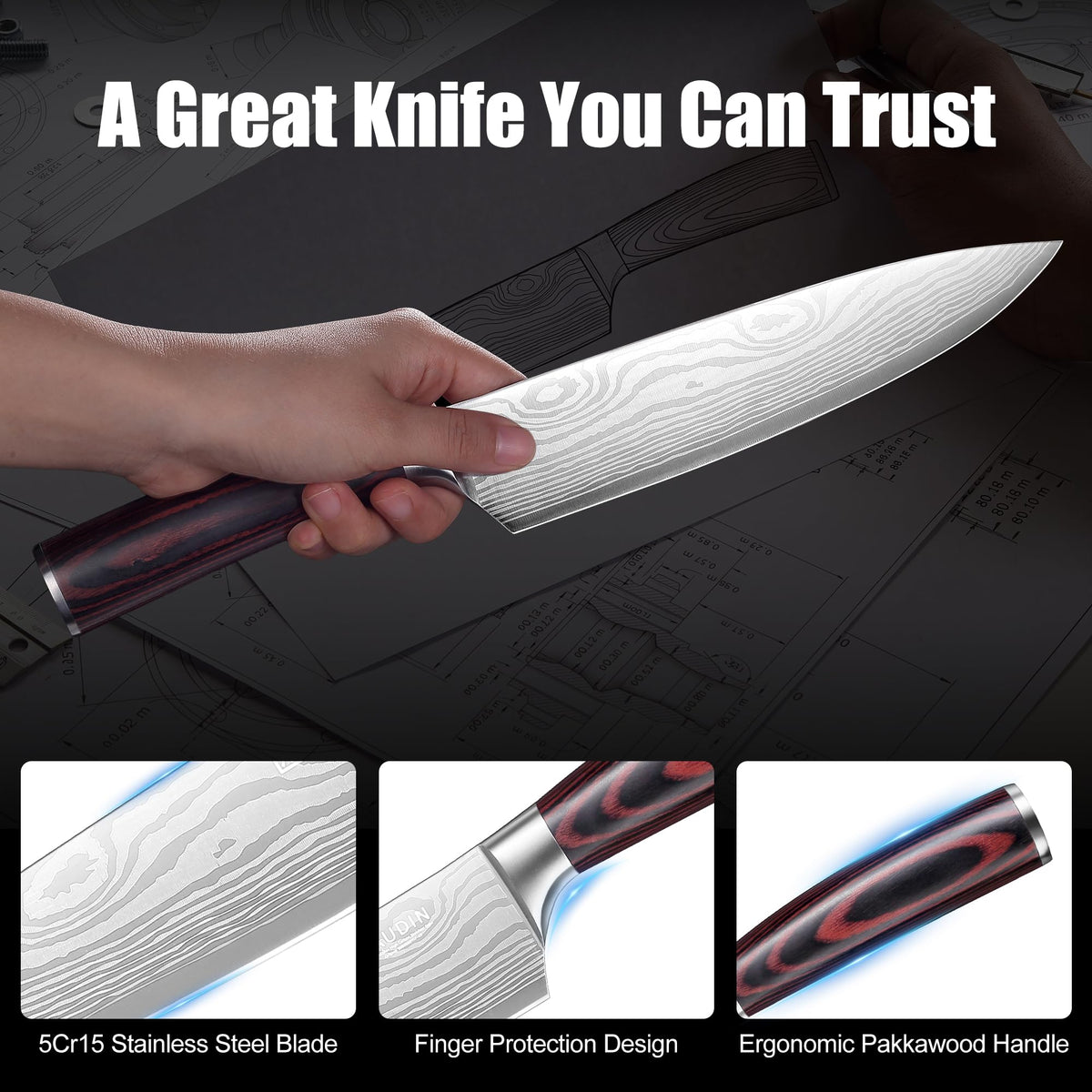 PAUDIN Chef Knife, 8 Inch High Carbon Stainless Steel Sharp Kitchen Knife with Ergonomic Handle, Gift Box for Family & Restaurant