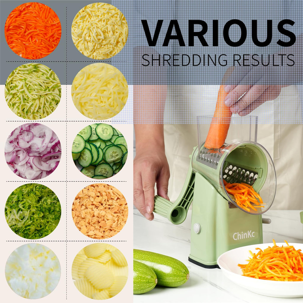 ChinKc Upgrade Rotary Cheese Grater Shredder with Handle, Strong Suction Base, Multi-purpose Rotary Grater Slicer with 5 Interchangeable Blades for Ice, Vegetables, Fruit, Nuts with Blade Storage Box
