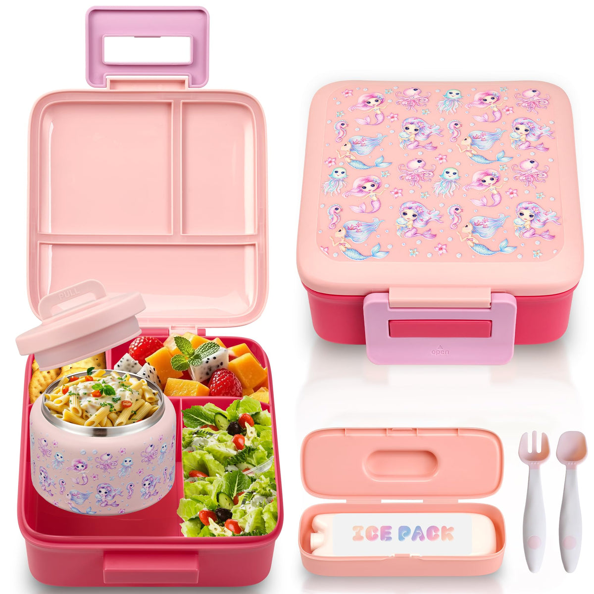 Bento Lunch Box for Kids with 8oz Soup Thermo Leak-Proof Lunch Food Containers with Snack Sauce Container for Kid Girls Boys to School,Pink