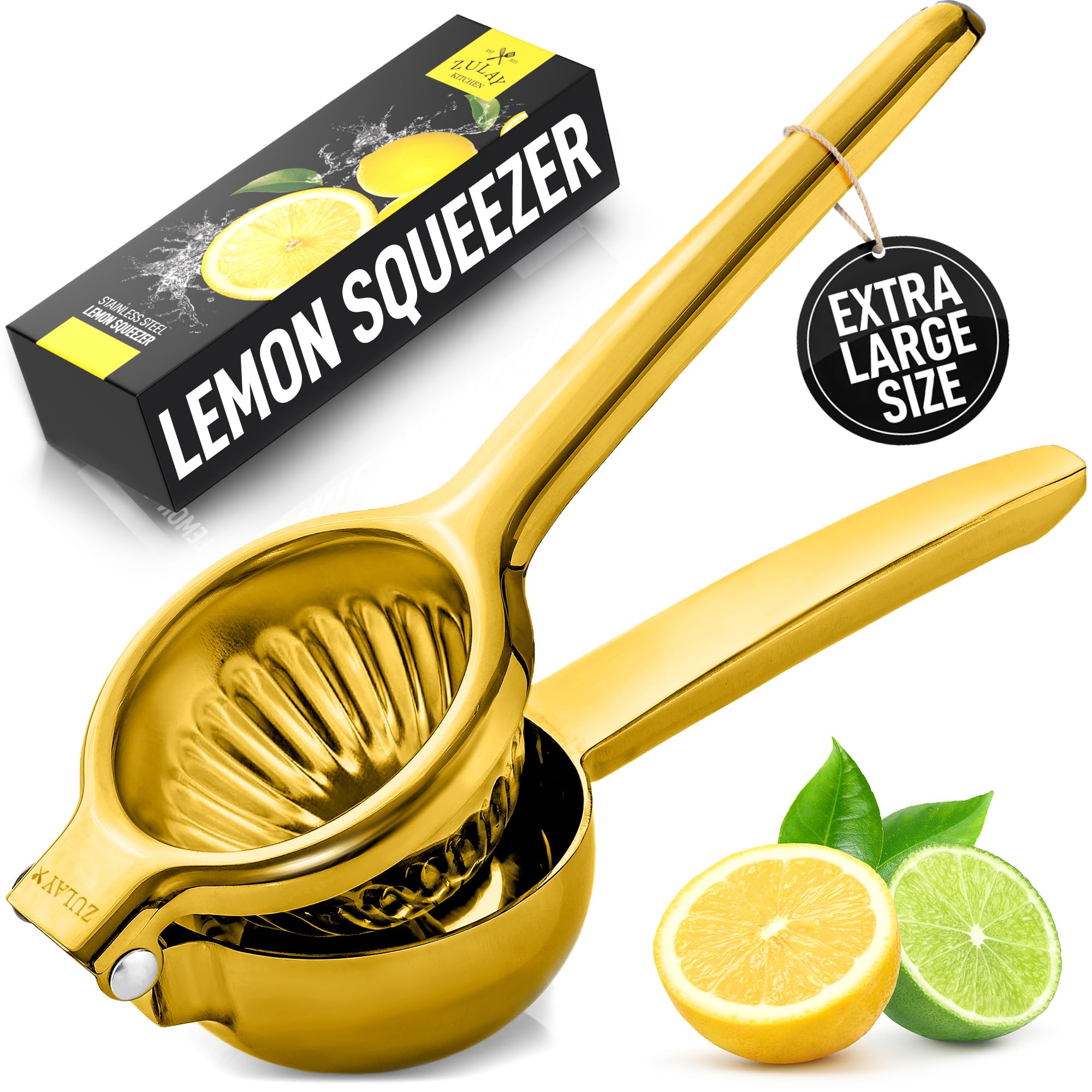 Zulay Kitchen Extra Large Lemon Squeezer Stainless Steel - Easy Squeeze Heavy Duty Lemon Juicer Hand Press - Ergonomic Citrus Squeezer & Fruit Juicer for Small Oranges, Lemons, & Limes - Gold