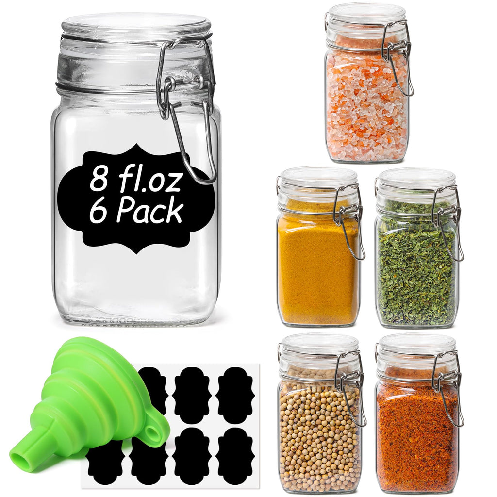 ComSaf Square Small 8 oz Glass Spice Jars with Airtight Lids 6 Pack Pantry