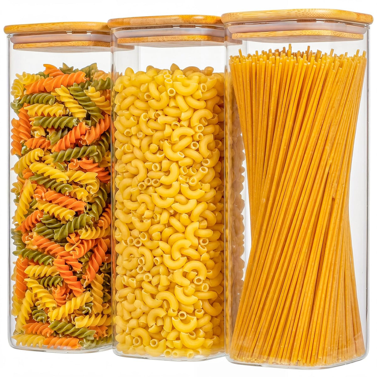 Xoniwis 3-Pack 1.6Qt Square Glass Storage Jars with Bamboo Lids