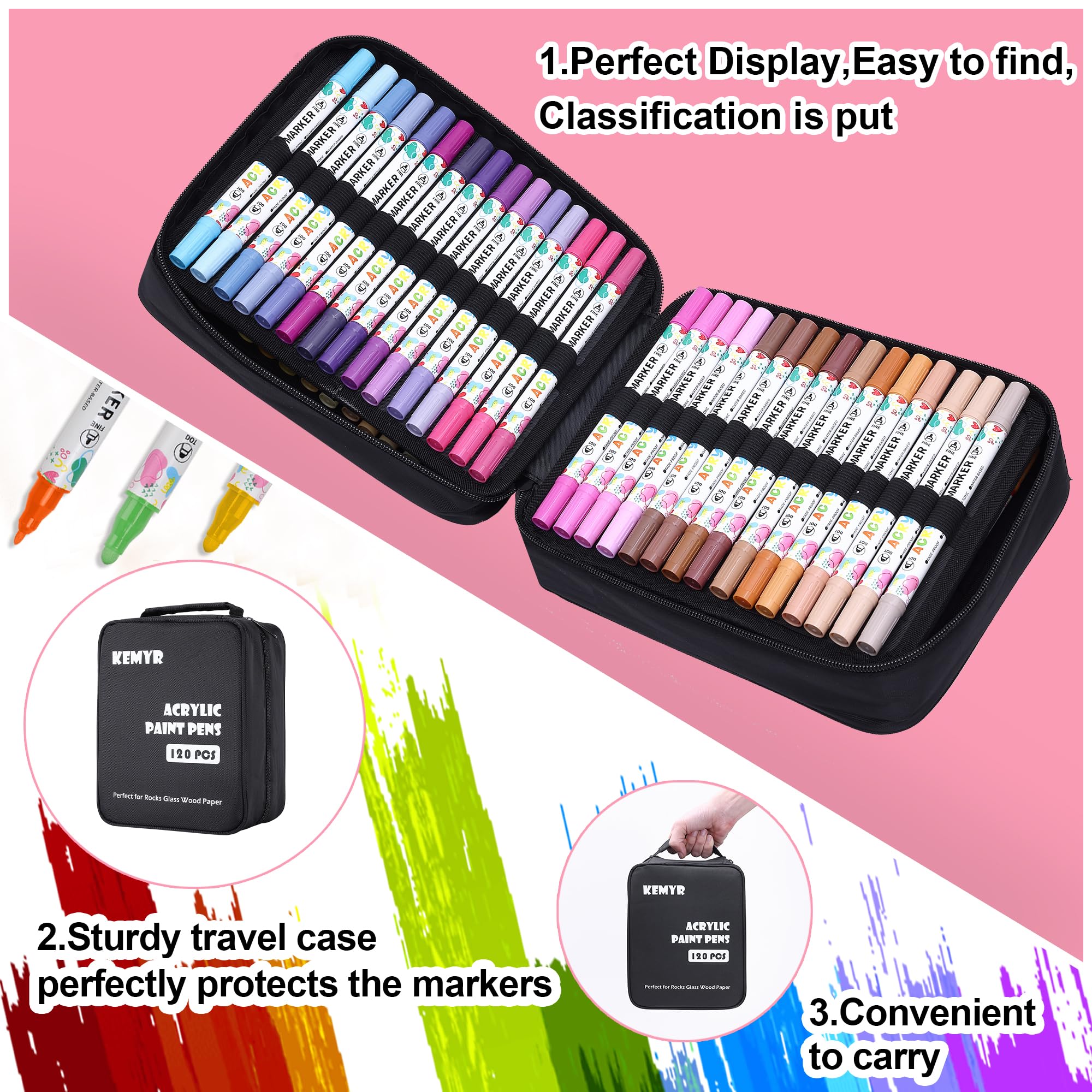 KEMYR 120 Colors Acrylic Paint Pens, Dual Tip Acrylic Paint Markers for Paper, Wood, Canvas, Stone, Rock Painting, Glass, Fabric, DIY, Ceramic, Art Supplies for Adults Drawing (Dot + Fine)