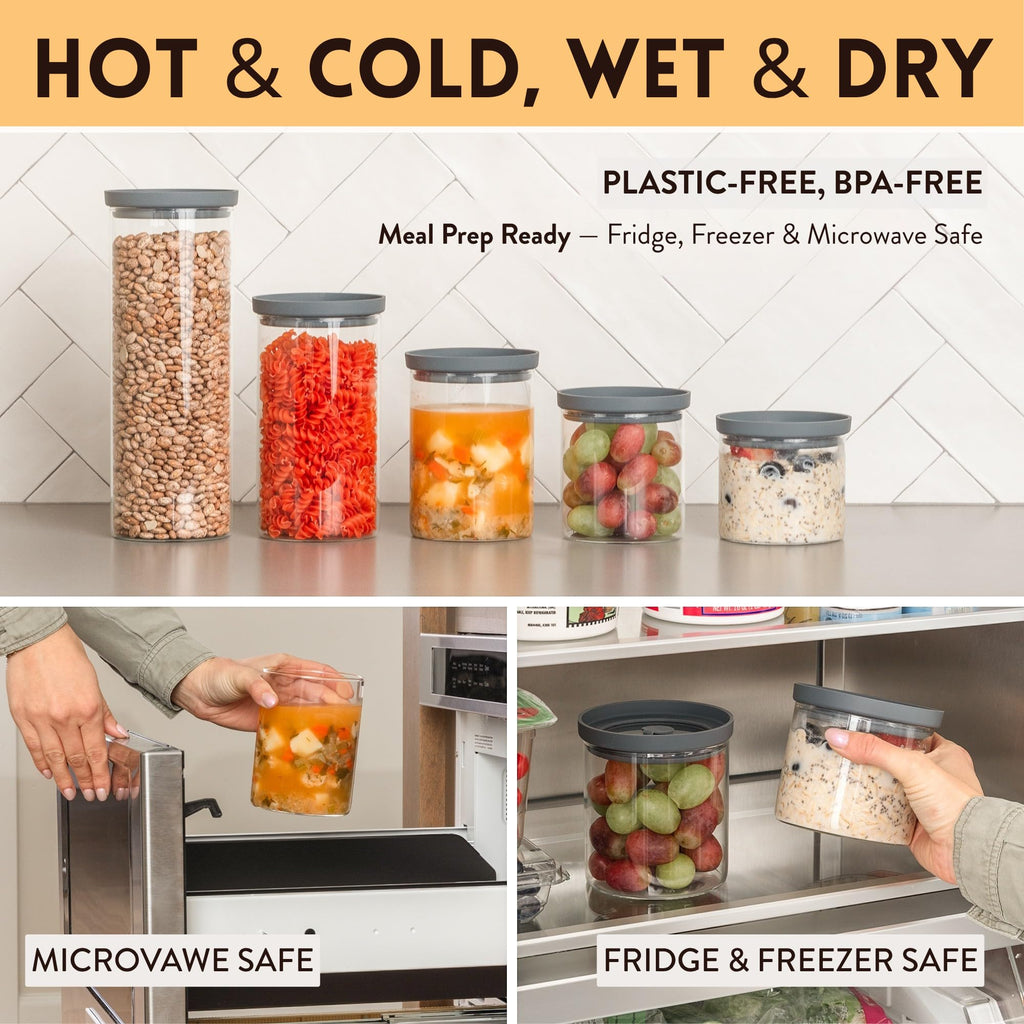 The Hazel Pantry Glass Kitchen Storage Containers with Airtight Silicone Lids, BPA-Free Pantry Glass Jars with Airtight Lid for Pantry Meal Prep, Pasta and Food – Set of 5 with Portion Tool