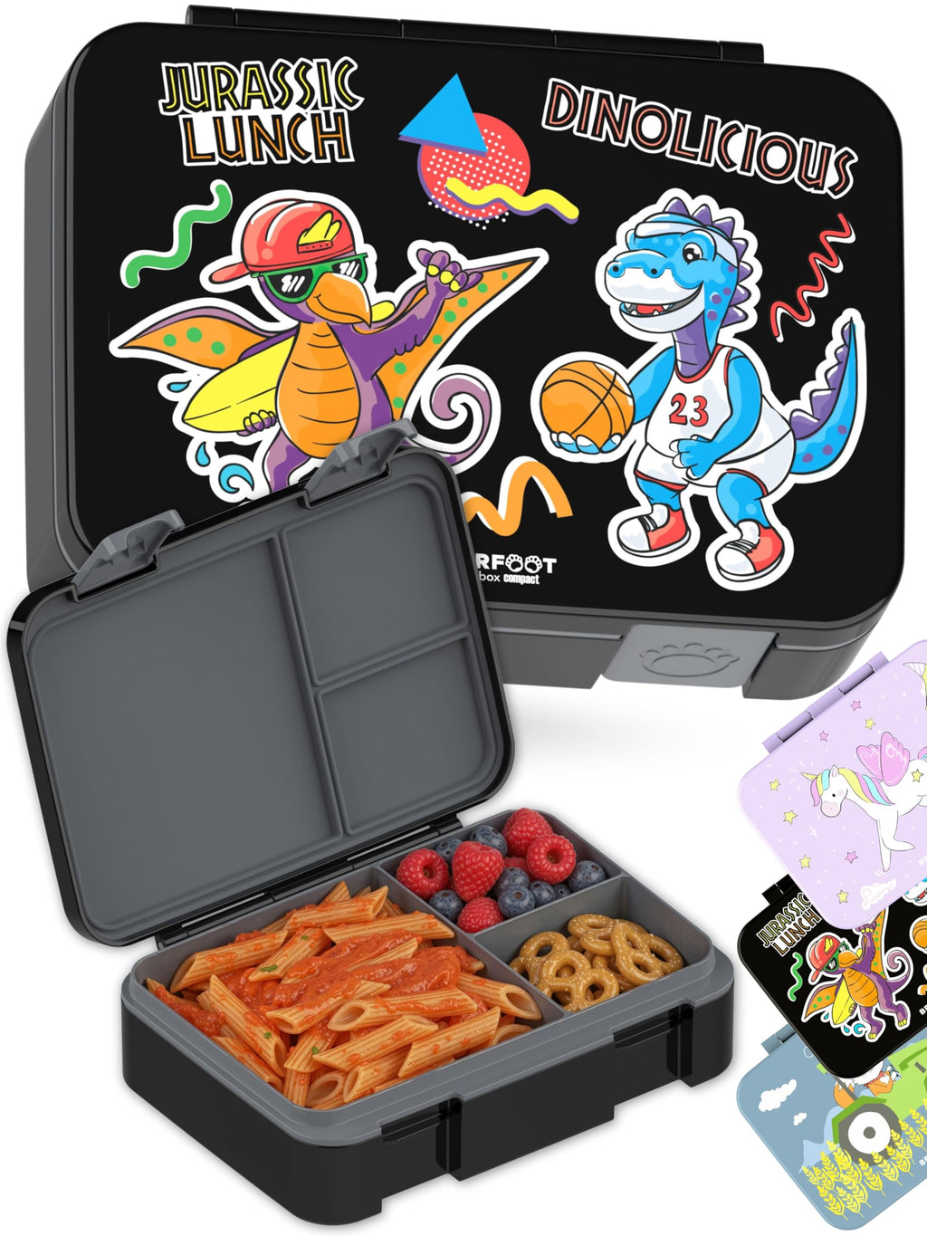BEARFOOT Kids Lunch Box with Compartments – Compact & Lightweight | Leak-Proof, BPA-Free, Dishwasher Safe | Hand-Drawn Design for Preschool, School, Travel (Sticker Purple, 2.75 Cups)