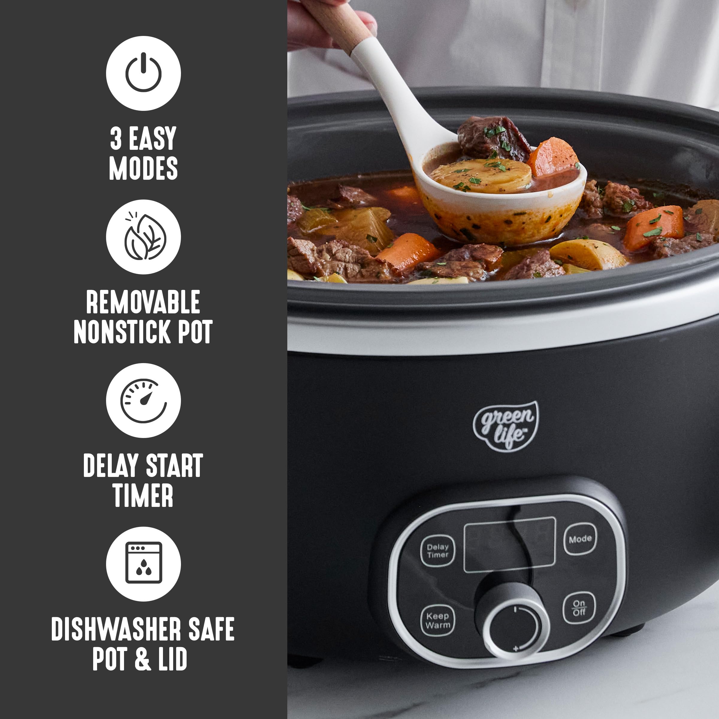 GreenLife 8QT Ceramic Nonstick Slow Cooker, Cooktop/Oven Safe, Black