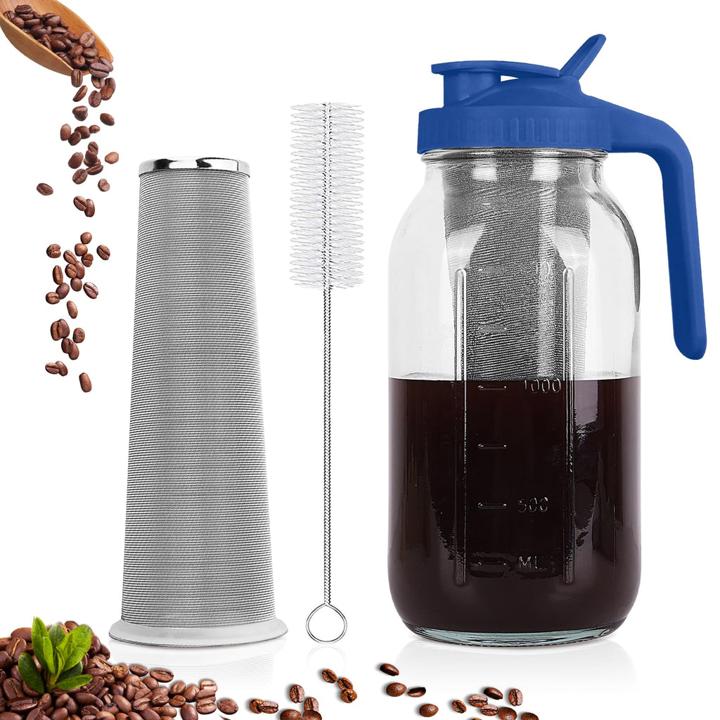 QHH Cold Brew Coffee Maker, 64 oz Mason Jar Pitcher with Stainless Steel Filter, Pour Spout Handle Lid, Airtight & Leak-Proof for Iced Coffee,Tea & Lemonade