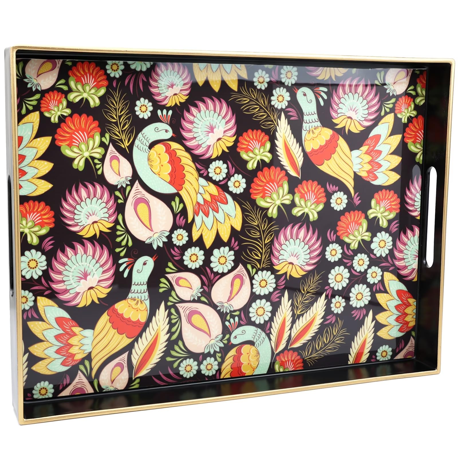 Spsyrine Decorative Serving Tray with Handles, Black Lacquered Coffee Table Tray for Ottoman, Rectangle Waterproof Platters for Centerpieces, Parties, Living Room, Kitchen Counter Organization Peacock