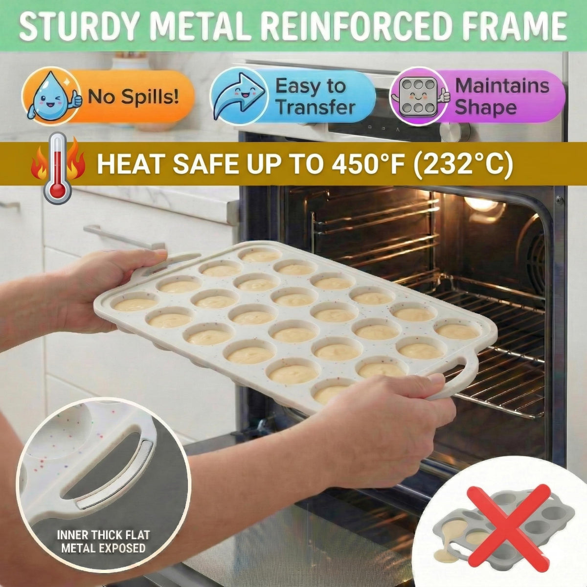 Silicone Mini Muffin Pan, 24 Cup 2 Pack with Metal Reinforced Frame