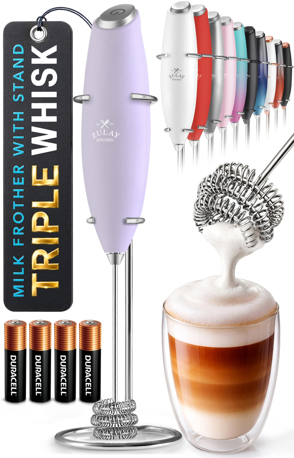 Zulay Kitchen Powerful Milk Frother Wand With Duracell Batteries - Ultra Fast Handheld Drink Mixer - Electric Whisk Foam Maker for Coffee, Lattes, Cappuccino & Matcha - Z1 Motor - Aqua