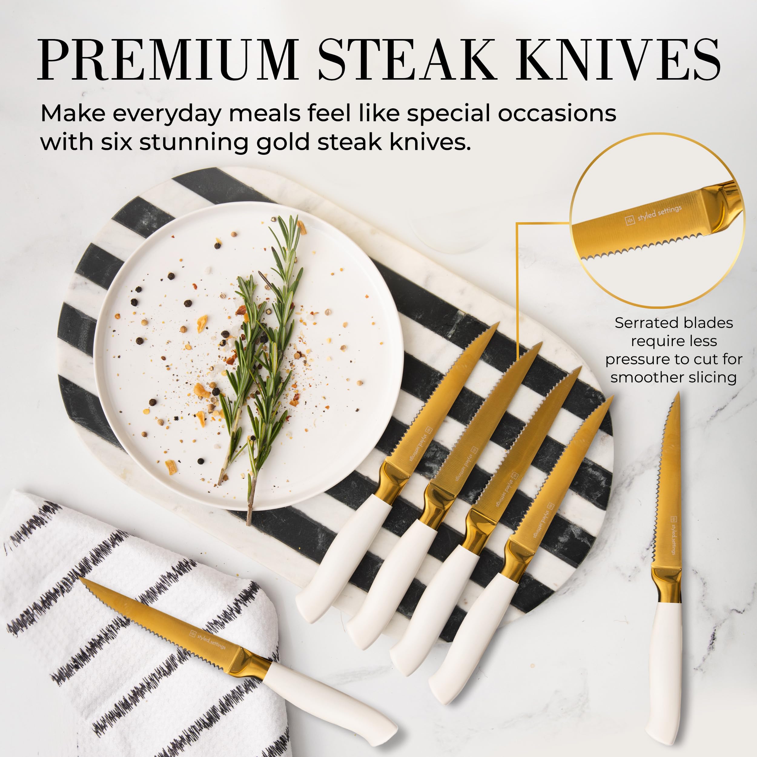 Styled Settings White and Gold Knife Set with Block and Sharpener 14-Piece