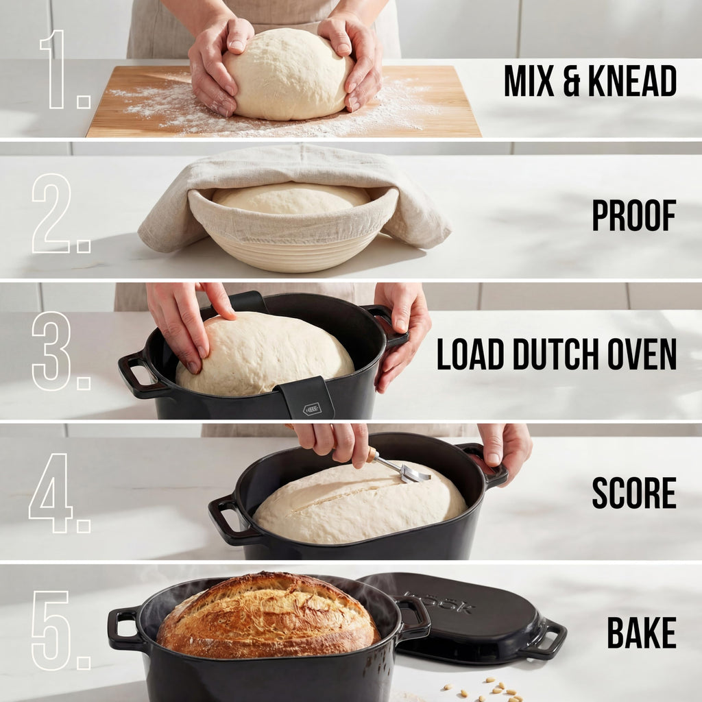 KooK Oval Dutch Oven, for Bread Baking, Sourdough Loaf Pan, Dual Handles, Enameled Cast Iron, with Sling, Dishwasher Safe, 3.4 Qt, Sage Ombre