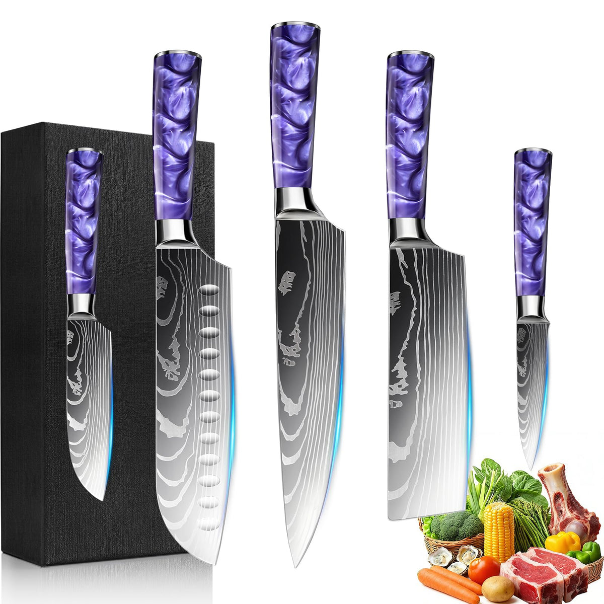 FIVE COWS 10-Piece Premium Japanese Kitchen Knife Set - Star Collection, Laser Damascus Pattern, 440A Stainless Steel Ultra Sharp for Fast Cutting (Red)