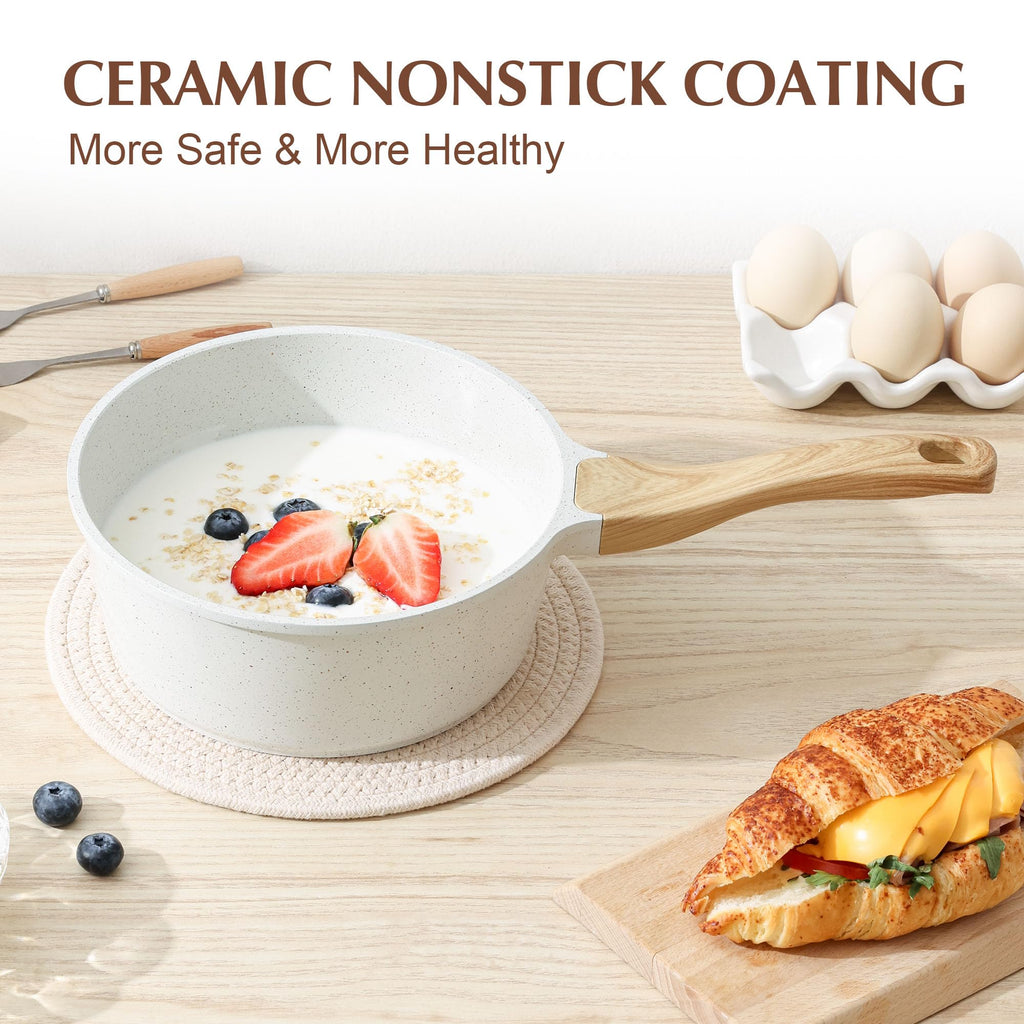 SENSARTE White Ceramic Nonstick Saucepan with Lid Set, Small Cooking Pot with Stay Cool Handle, Induction Compatible Saucepot, White Granite Coating, PFOA/PFAS Free, 1.5 + 2.5QT