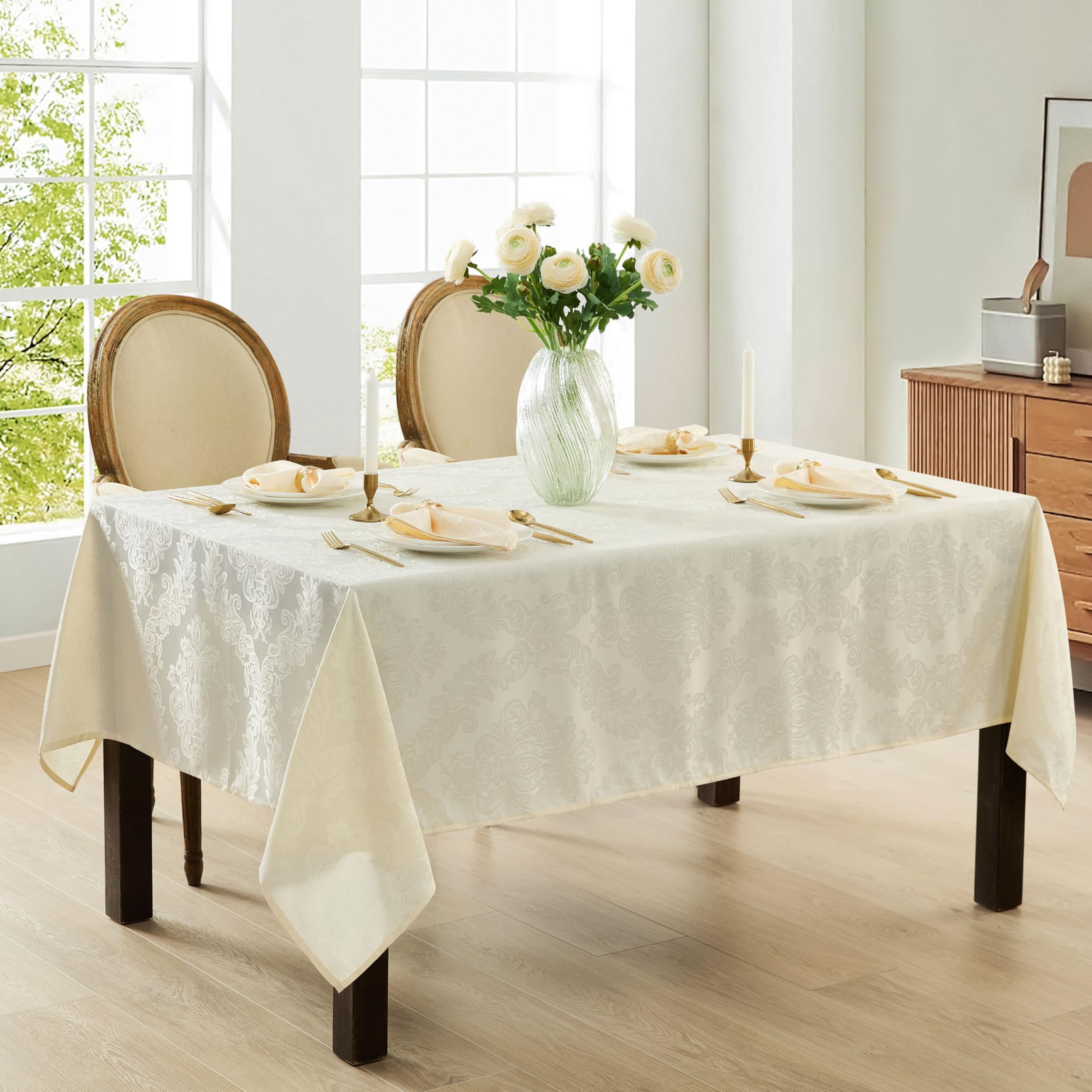 Newbridge Barcelona Luxury Damask Fabric Tablecloth, 70” x 70”, Square, Antique White, 100% Polyester, No Iron, Soil Resistant Dining Room, Party and Banquet Table Cover