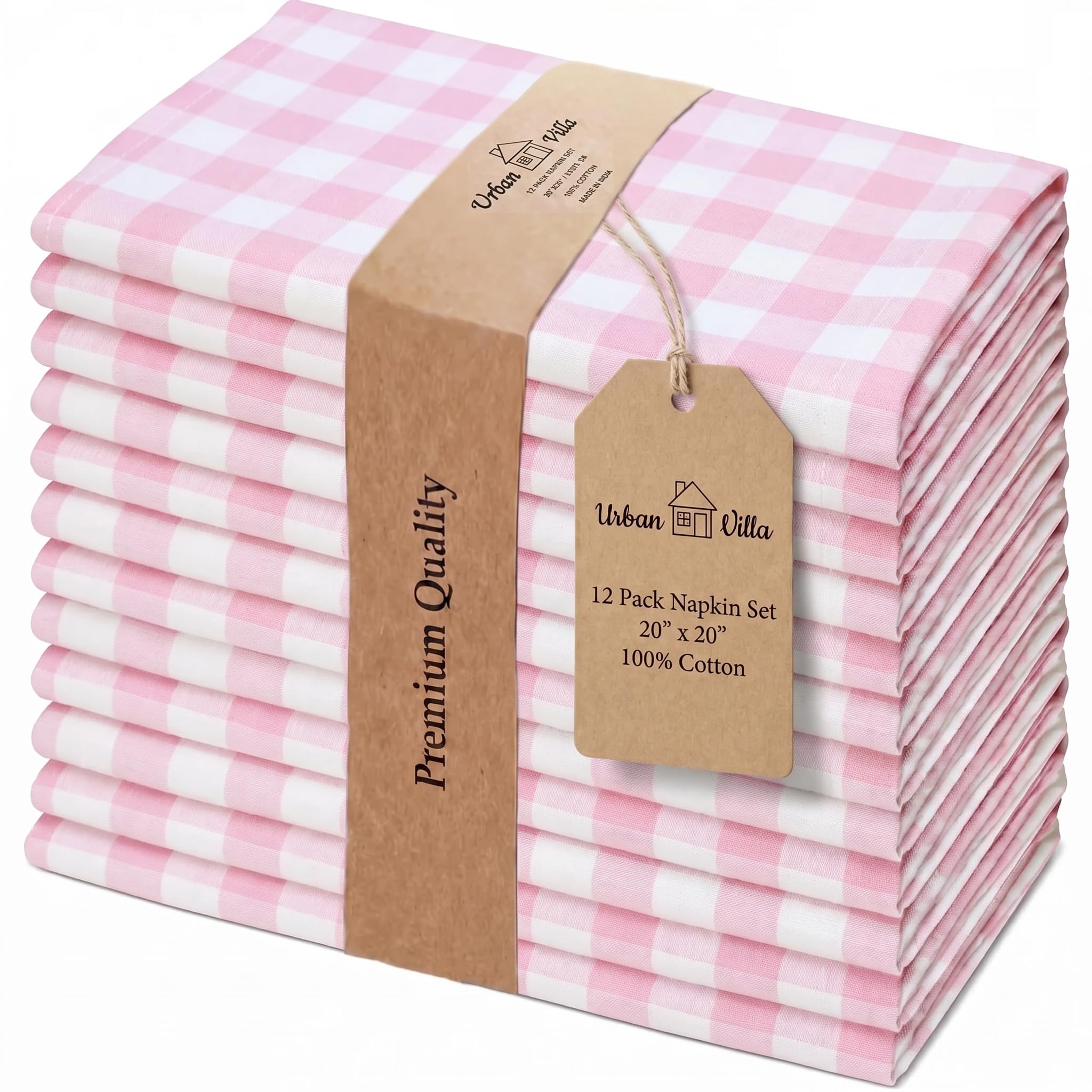 Urban Villa Cloth Napkins 100% Cotton Dinner Napkins Set of 12(20"x20") Highly Absorbent Washable Durable Reusable Napkins Ideal for Hotel Collection Lunch Restaurant Farmhouse Parties - Pink White